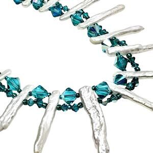 Stick Pearl Beaded Necklace Artisan White Iridescent Faceted Translucent Blue